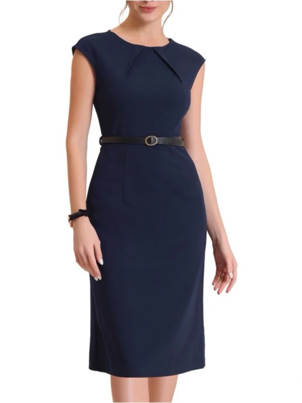 Women Elegant Dress Cap Sleeve Belted Sheath Dress, Dark Blue, Size XXL, S